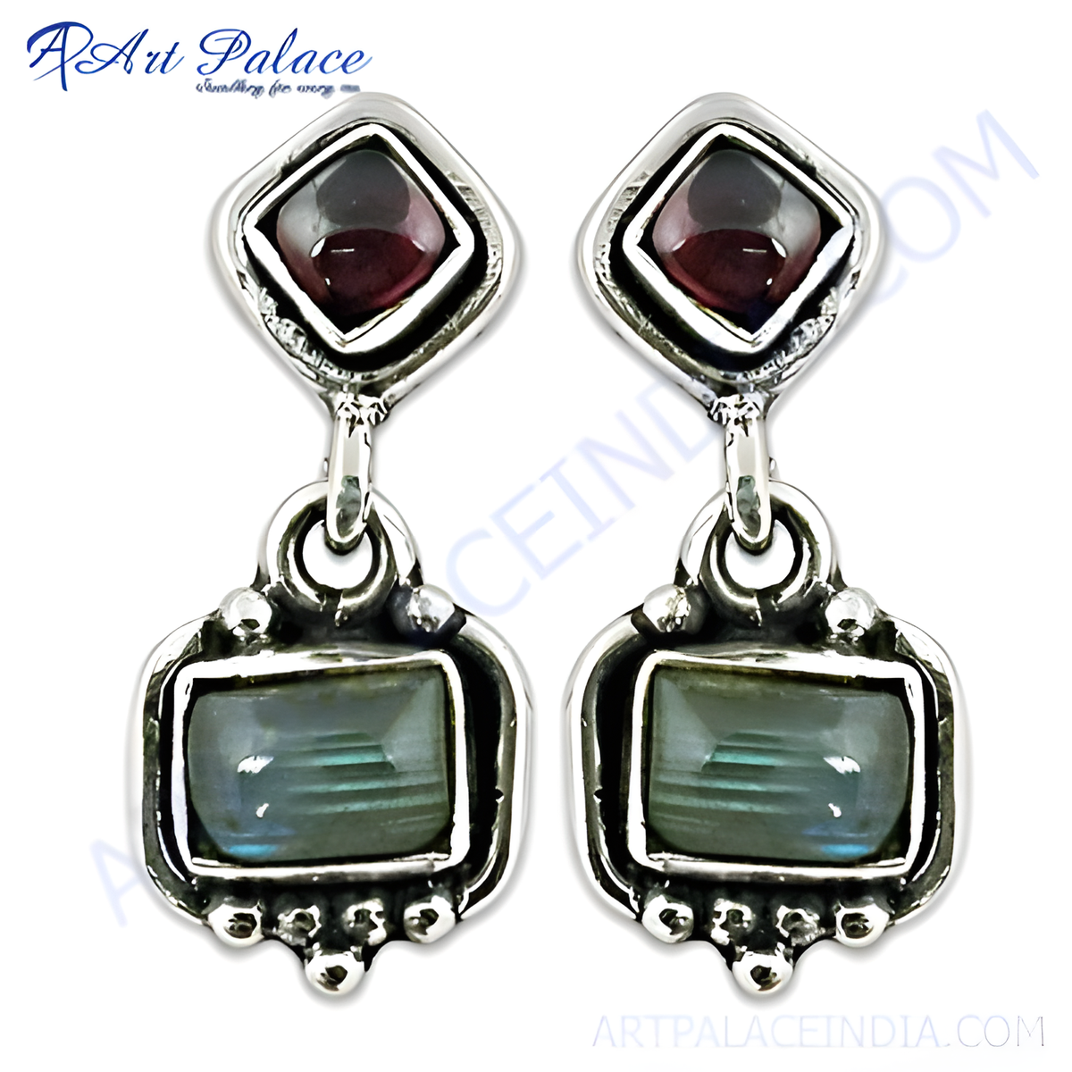 925 sterling silver dangle earrings featuring labradorite and garnet gemstones, silver earrings for women