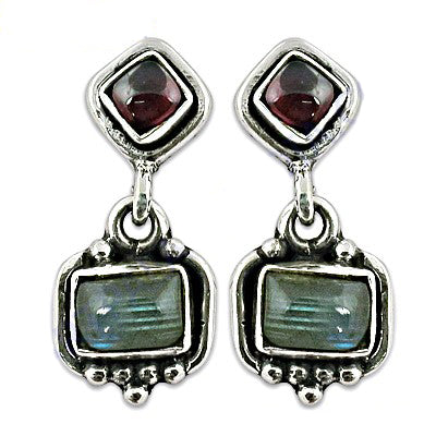 925 Silver Labradorite & Garnet Dangle Earrings for Women