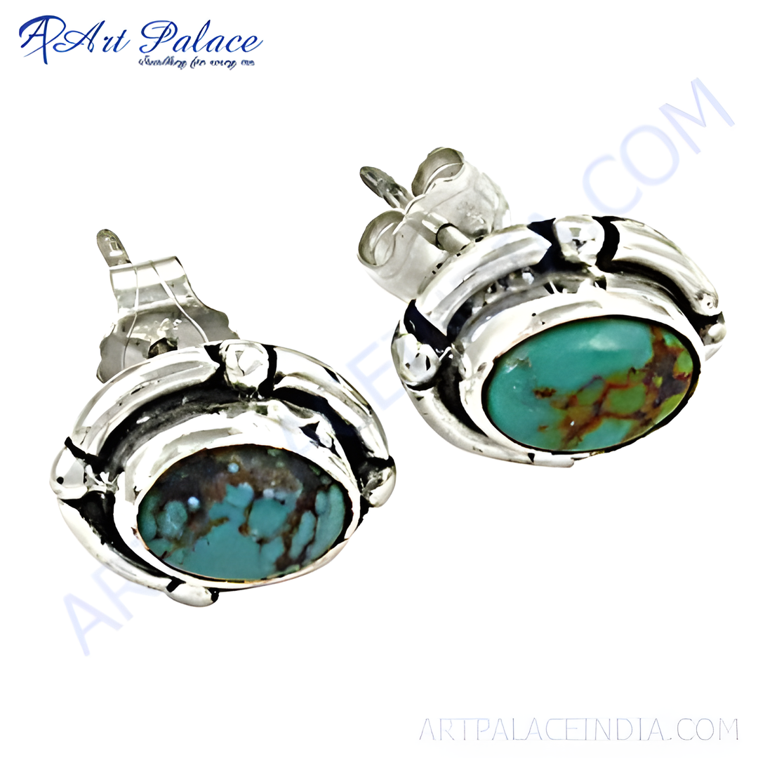 925 sterling silver stud earrings with oval turquoise gemstones, perfect for daily wear.