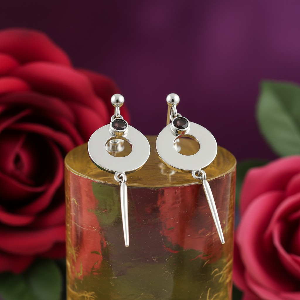 925纯银宝石圆形水滴耳环