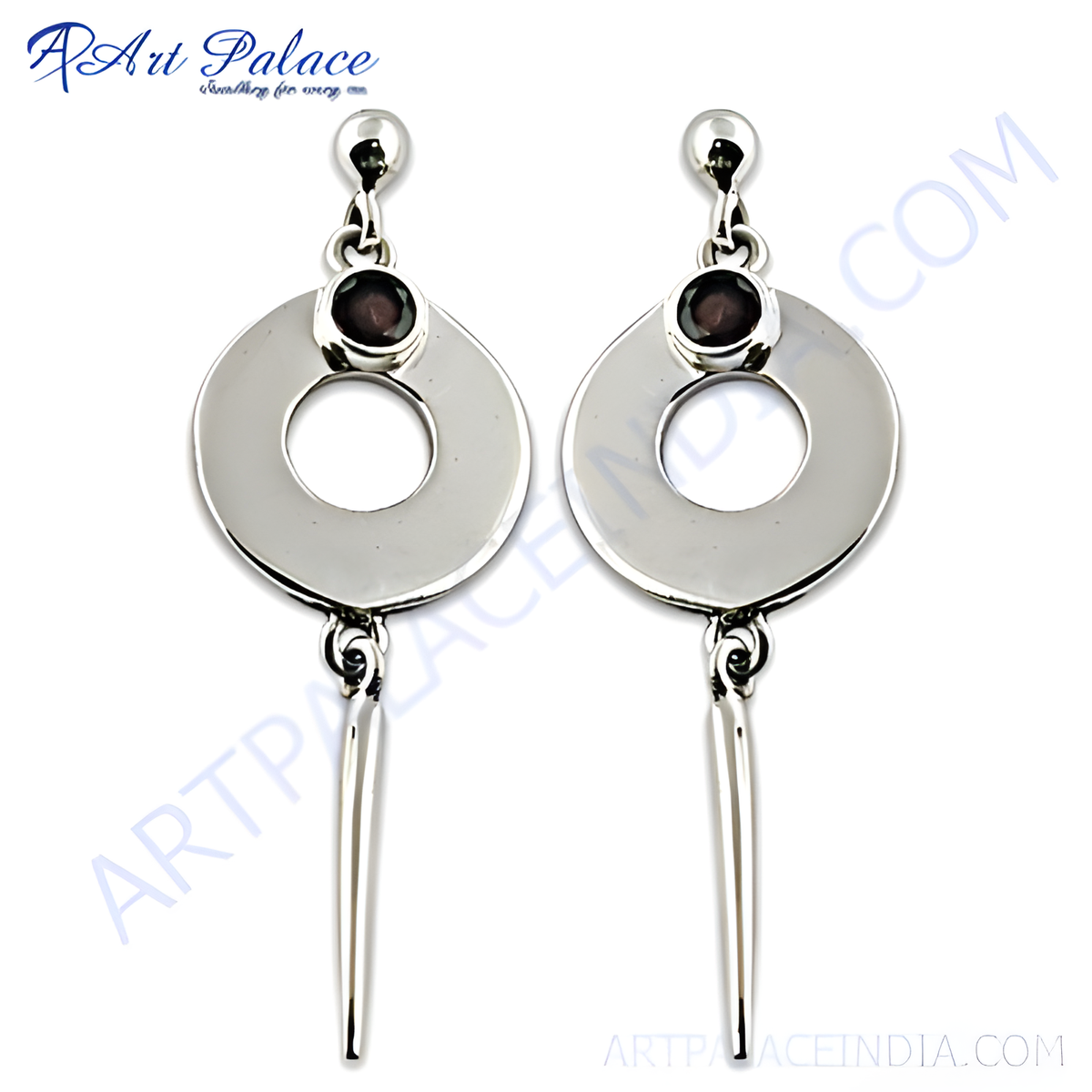 Sterling silver drop earrings featuring a circular design with a gemstone accent and elongated drop