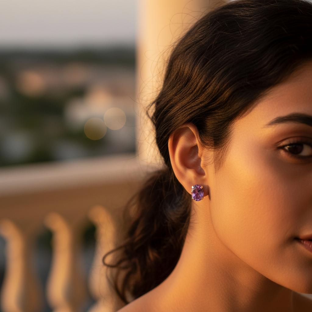 925 Silver Amethyst Stud Earrings for Women | Daily Wear