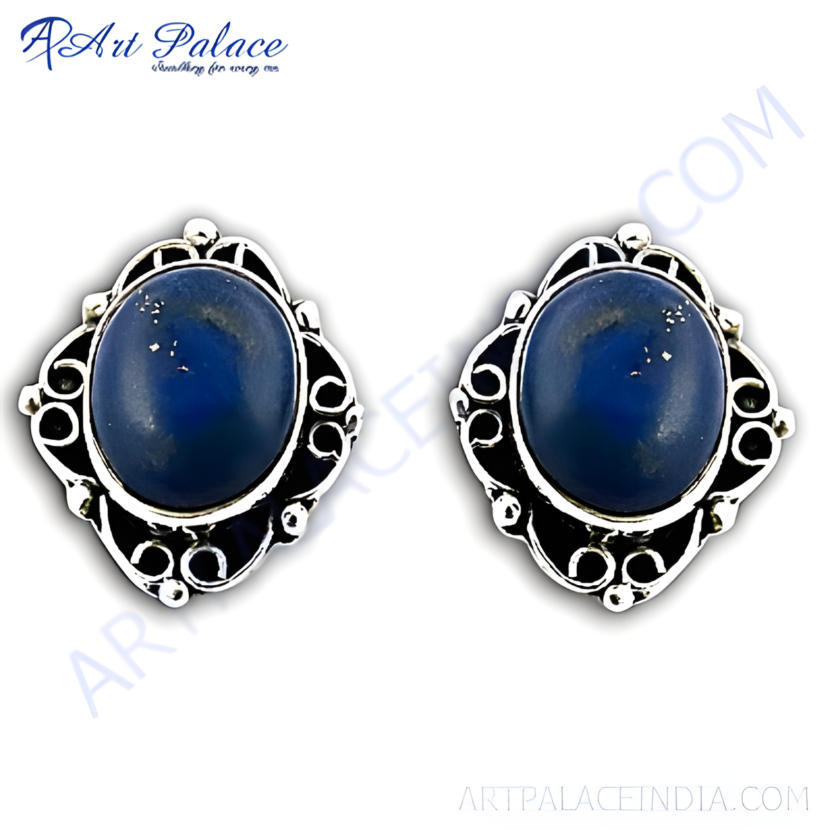 Sterling silver stud earrings with a large blue gemstone center, set in an intricate silver design