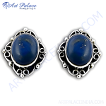 将图像加载到图库查看器中， Sterling silver stud earrings with a large blue gemstone center, set in an intricate silver design. Elegant and stylish.
