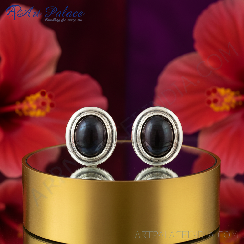 925 Silver Stud Earrings with Black Pearl for Women | Gift