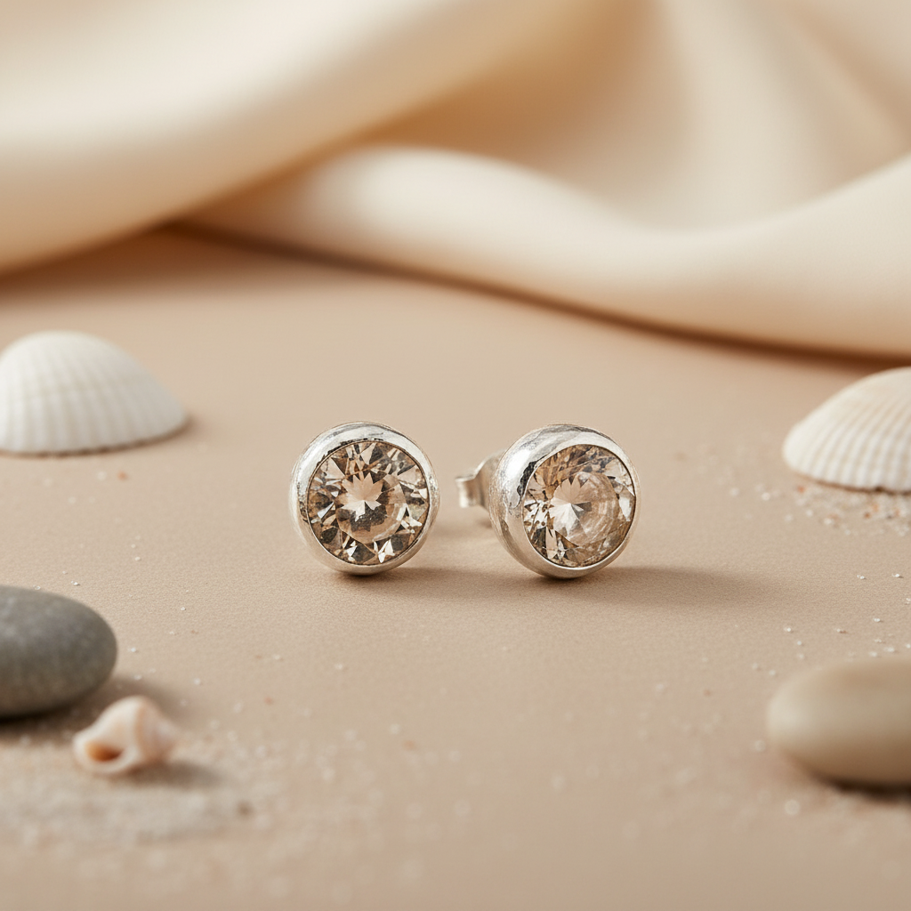 Silver Stud Earrings with Champagne CZ | Women's Jewelry Gift