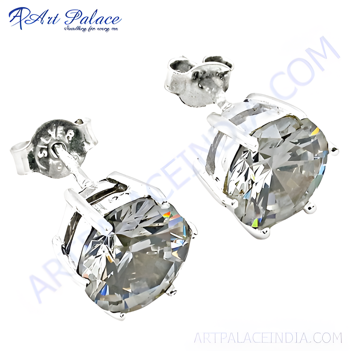 925 sterling silver stud earrings featuring brilliant cubic zirconia gemstones on white background