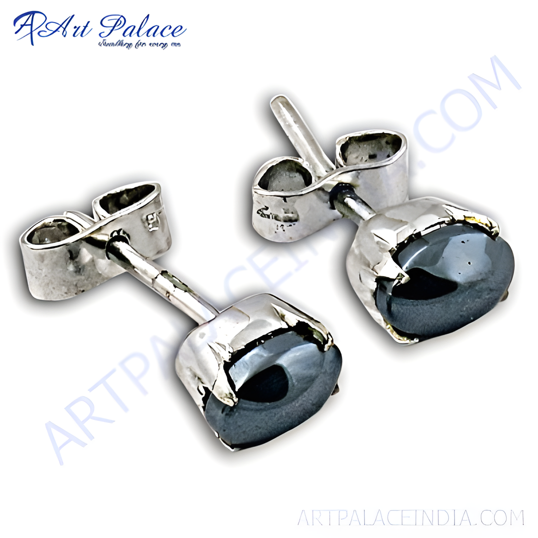 Sterling silver stud earrings with round hematite gemstones. Black gemstone earrings for women.