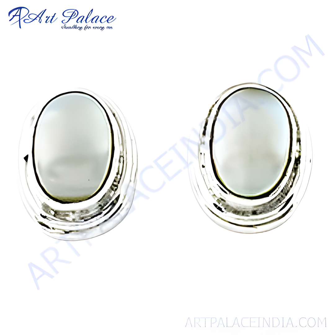 925 sterling silver stud earrings with oval-shaped mother of pearl gemstones, white background