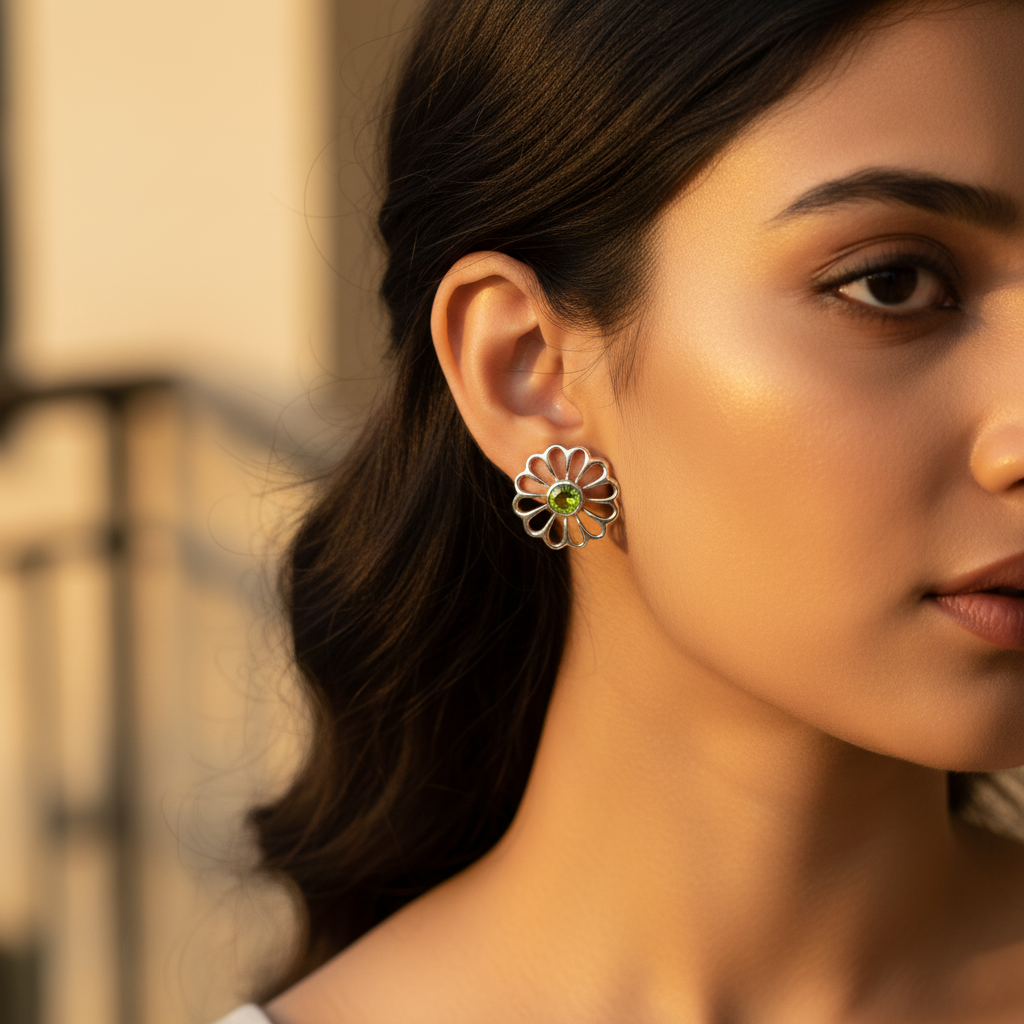 925 silver peridot flower stud earrings for women