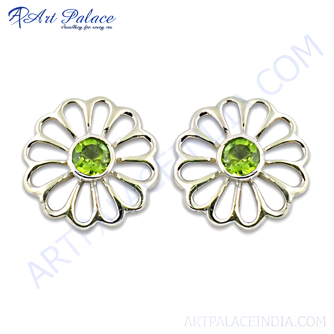 925 sterling silver flower stud earrings with a green peridot gemstone center, elegant and perfect for daily wear.