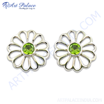 Load image into Gallery viewer, 925 sterling silver flower stud earrings with a green peridot gemstone center, elegant and perfect for daily wear.
