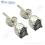 Load image into Gallery viewer, 925 sterling silver stud earrings with square cut dark blue sapphire gemstones
