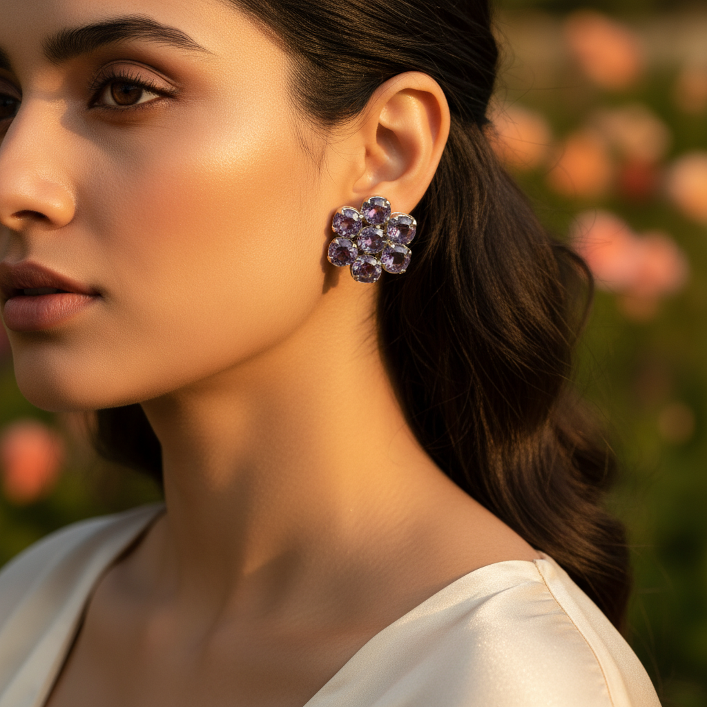 Amethyst Stud Earrings | Silver Flower Earrings for Women