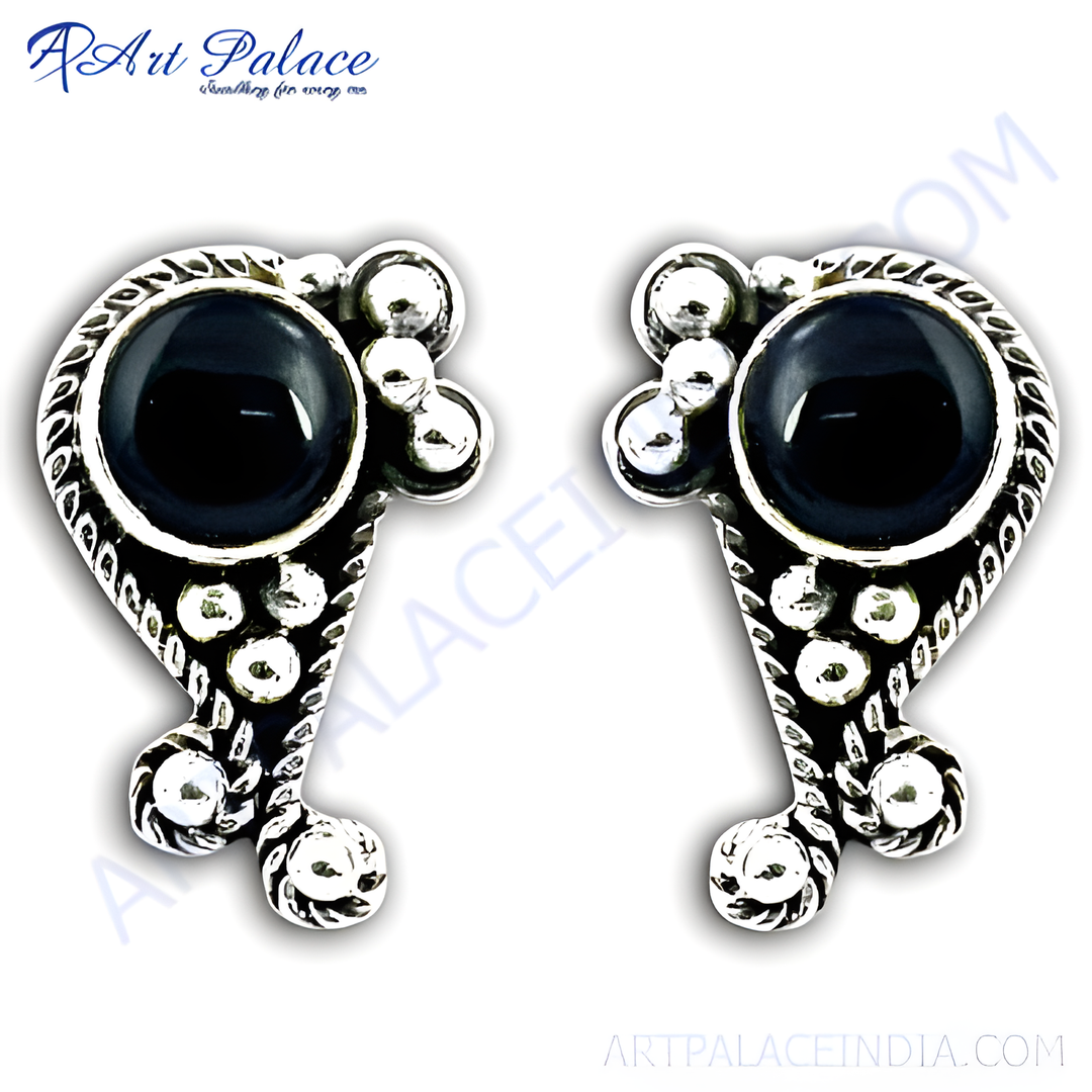 925 sterling silver stud earrings with a round black onyx gemstone set in a detailed design.