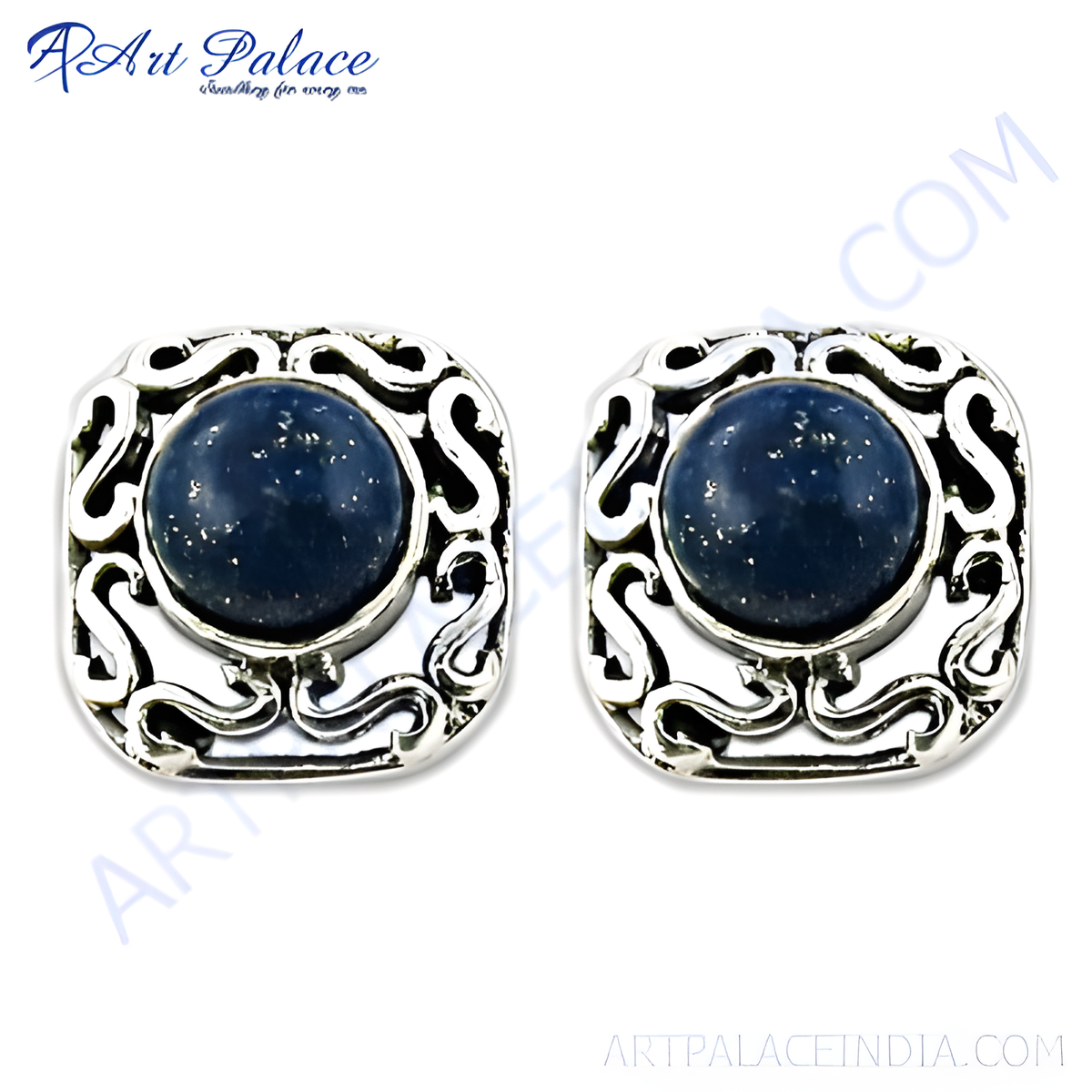 925 sterling silver stud earrings with a round blue gemstone center and ornate silver detailing