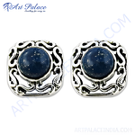 将图像加载到图库查看器中， 925 sterling silver stud earrings with a round blue gemstone center and ornate silver detailing
