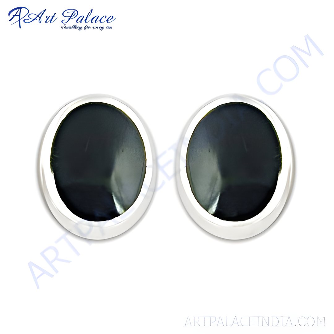 925 sterling silver stud earrings with oval black onyx gemstones, perfect for daily wear.