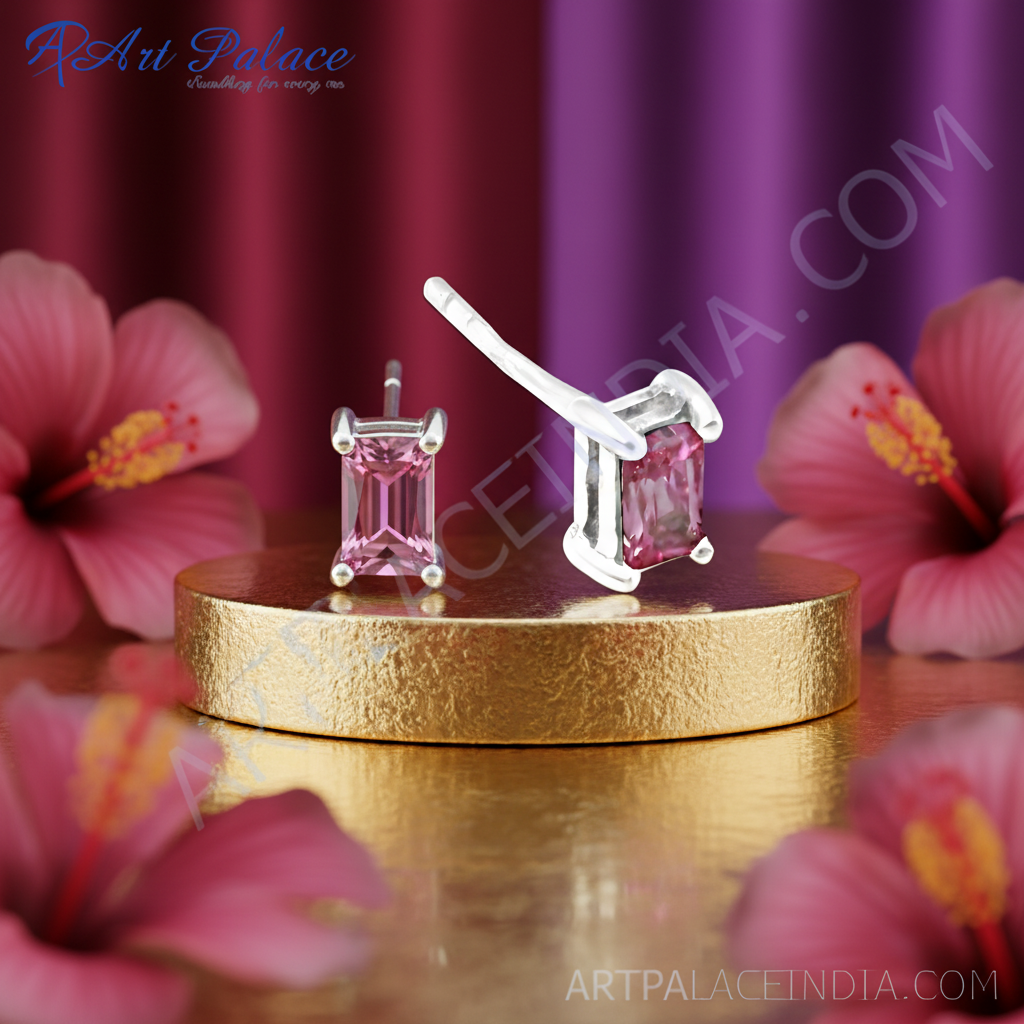 Silver Pink Gemstone Stud Earrings | Women's Jewelry Gift