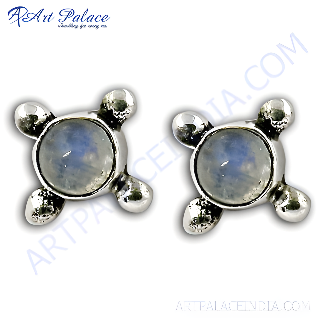 925 Sterling Silver stud earrings with a round, blue moonstone center and four-pronged setting.