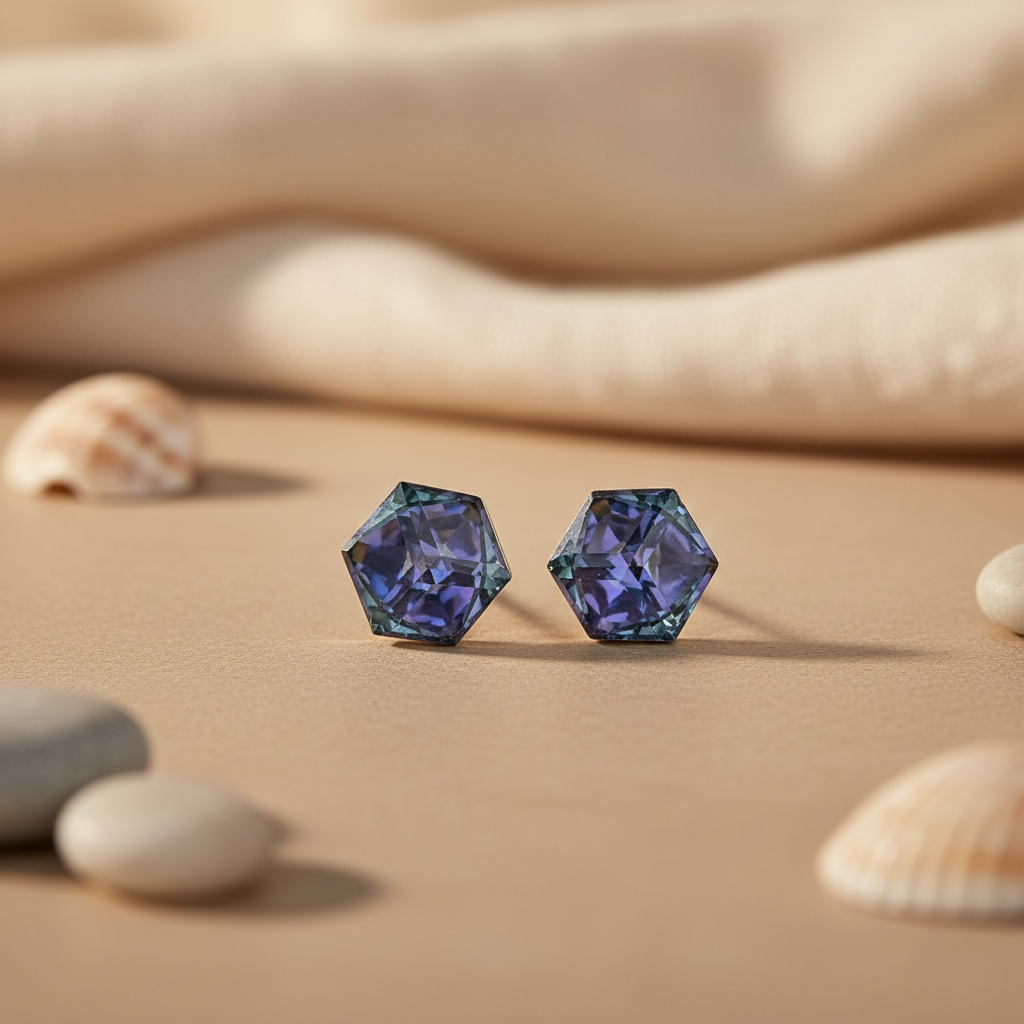 Mystic Topaz Gemstone Stud Earrings | Hexagon Earrings | Gift