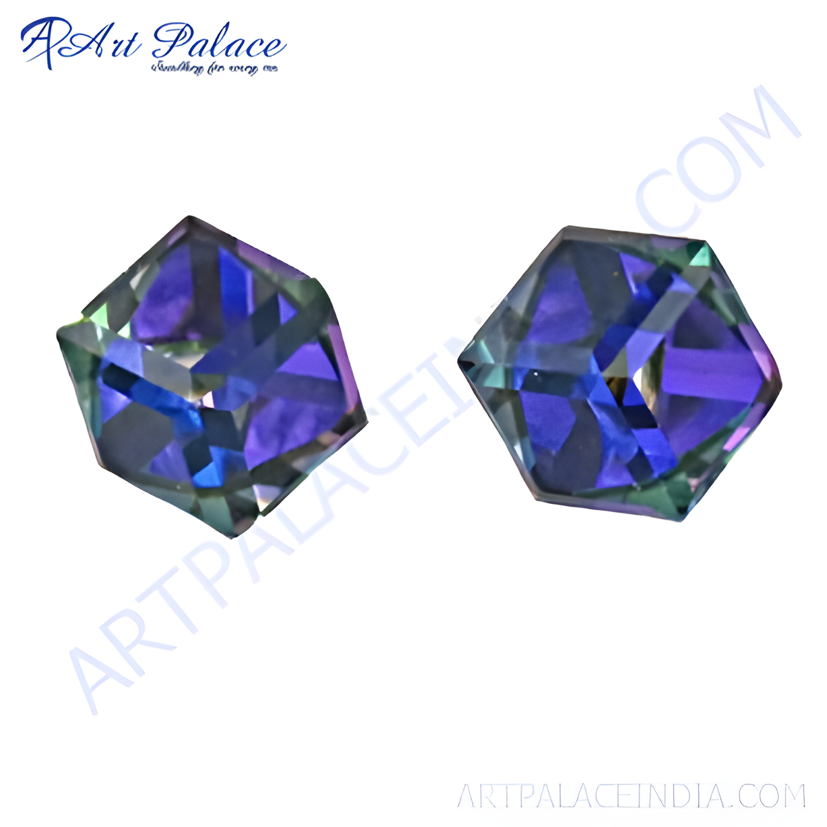 Mystic topaz gemstone stud earrings with iridescent blue and purple color, set in a hexagon design