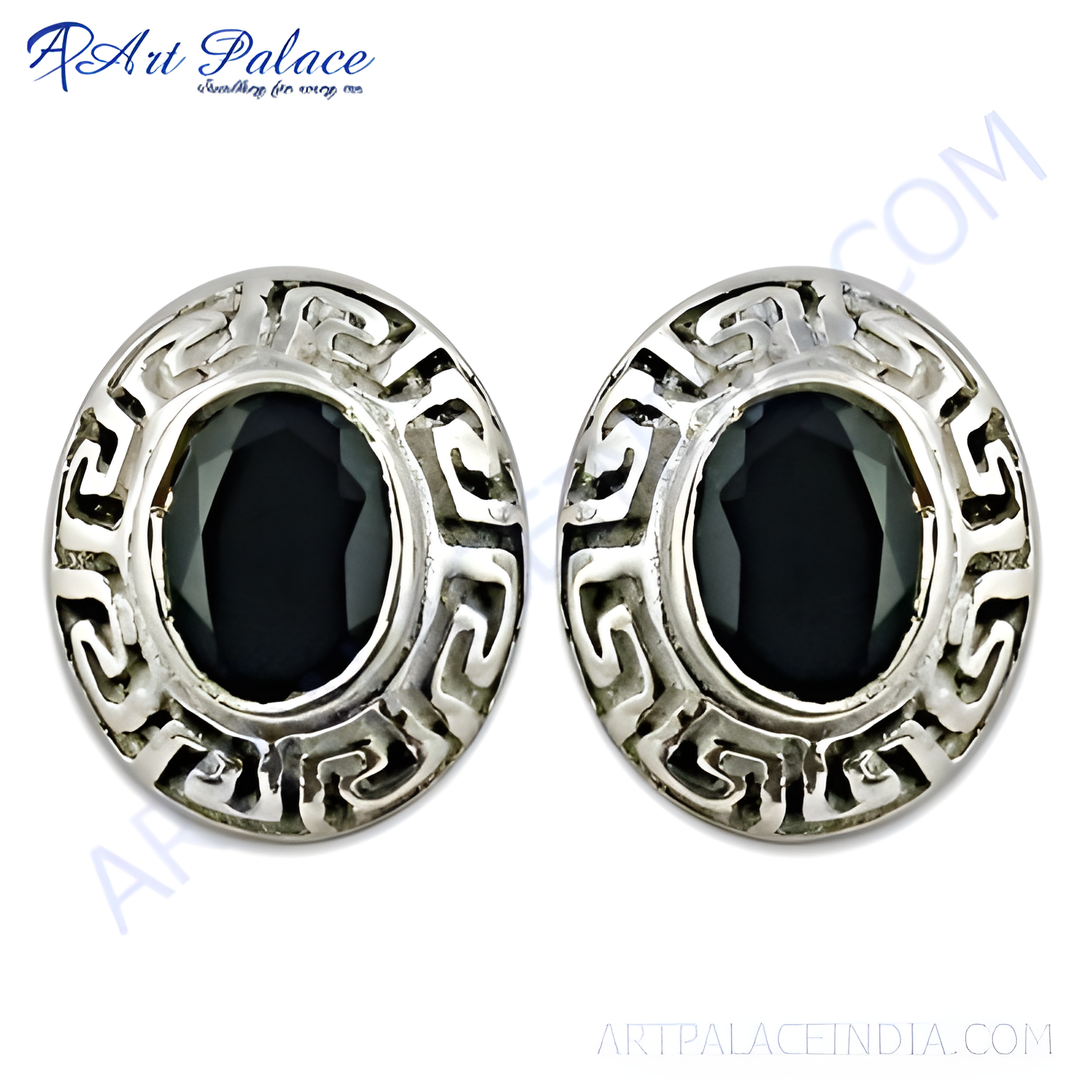 925 sterling silver stud earrings with oval-shaped black gemstone.