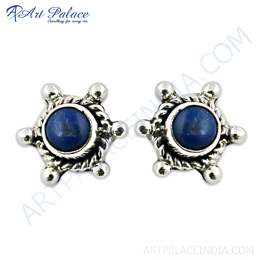 925 Sterling Silver stud earrings with a round, blue lapis lazuli gemstone center, a beautiful addition to any jewelry collection.