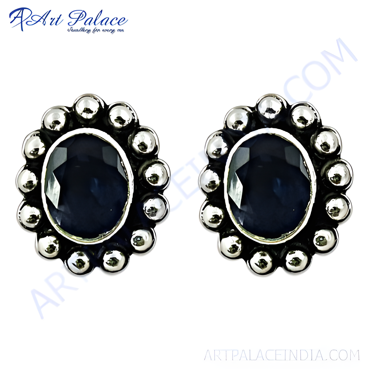 925 sterling silver stud earrings featuring oval blue sapphire gemstones, surrounded by silver accents