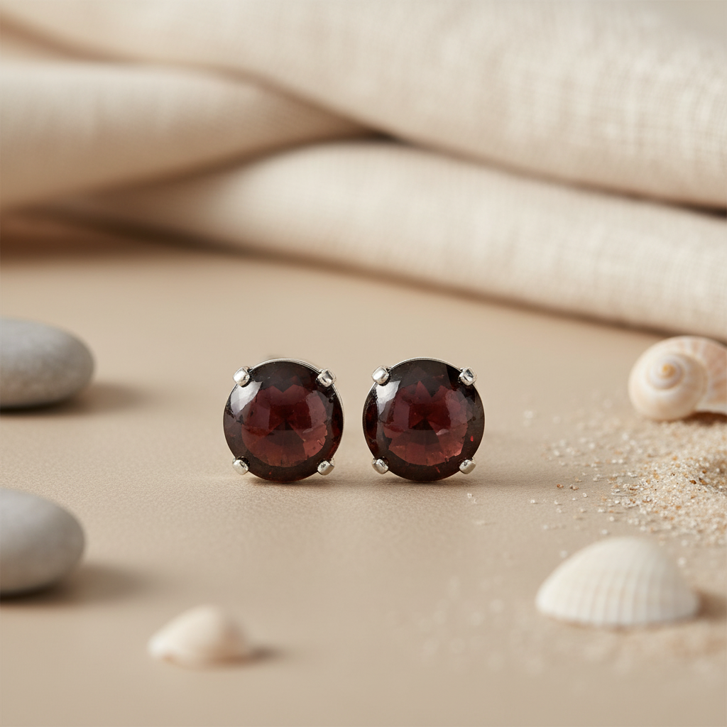Silver Stud Earrings | Round Gemstone Studs for Women