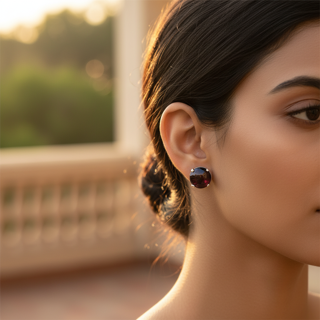 Silver Stud Earrings | Round Gemstone Studs for Women