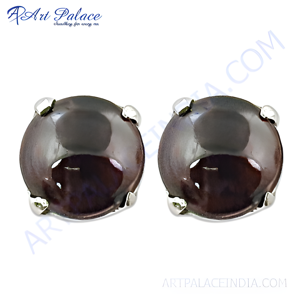 Round silver stud earrings with dark gemstone