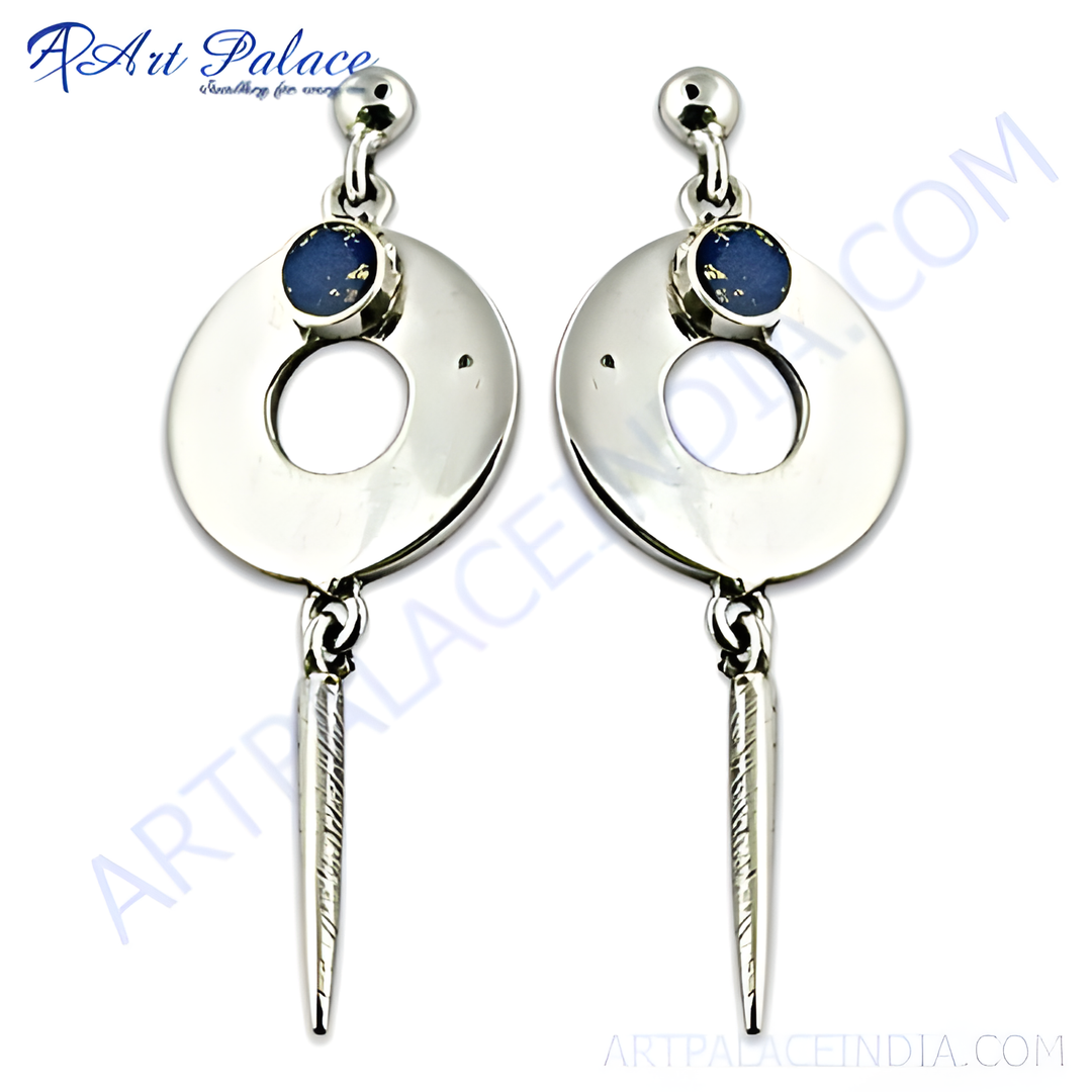 925 sterling silver dangle earrings with a circular design and blue gemstone center