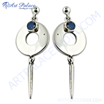 Load image into Gallery viewer, 925 sterling silver dangle earrings with a circular design and blue gemstone center
