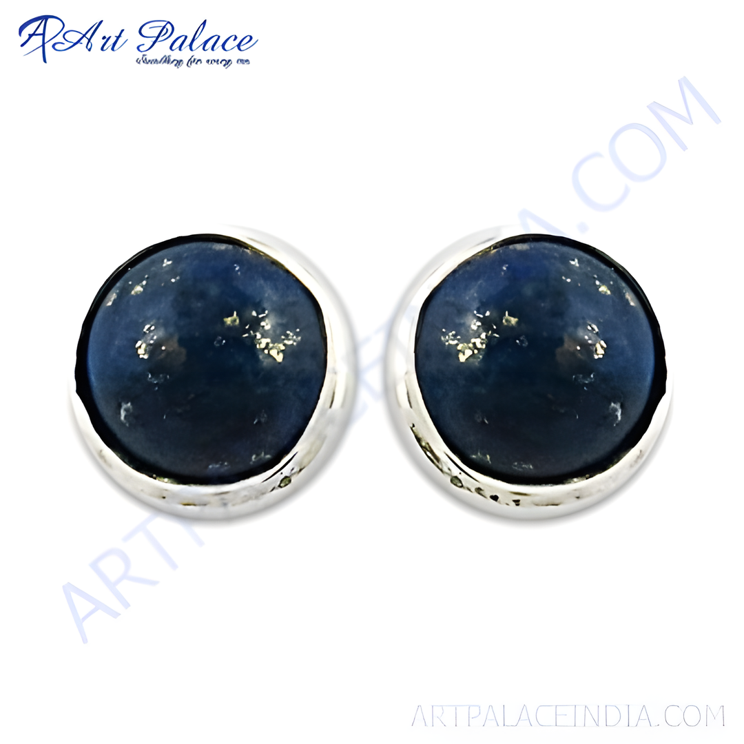 925 sterling silver stud earrings featuring round Lapis Lazuli gemstones in a silver setting.