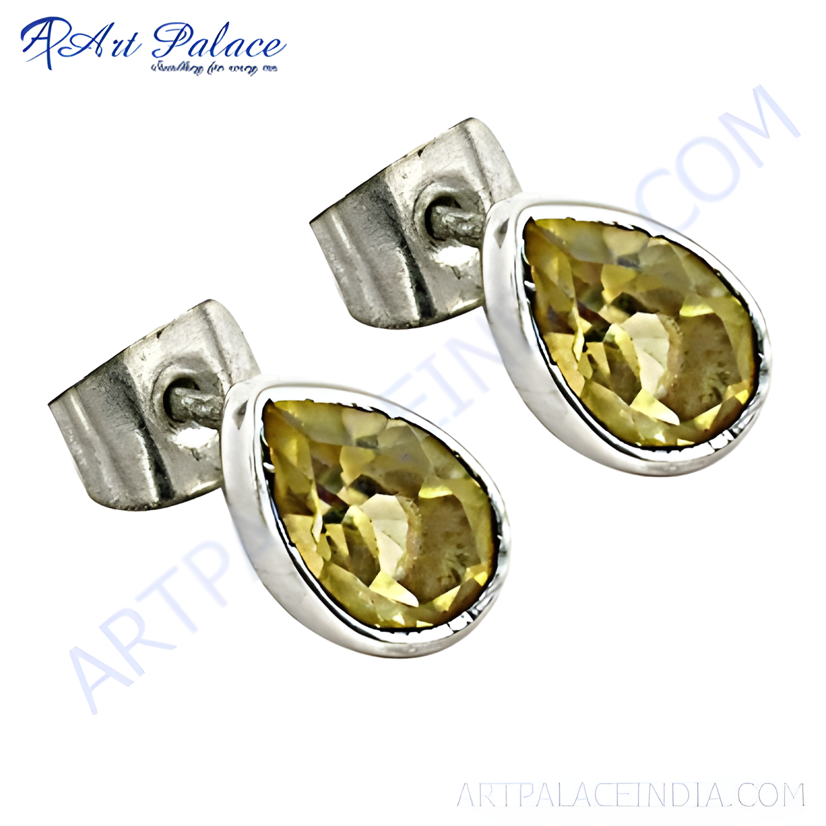 Sterling silver stud earrings with a teardrop shaped yellow citrine gemstone, ideal for women's jewelry