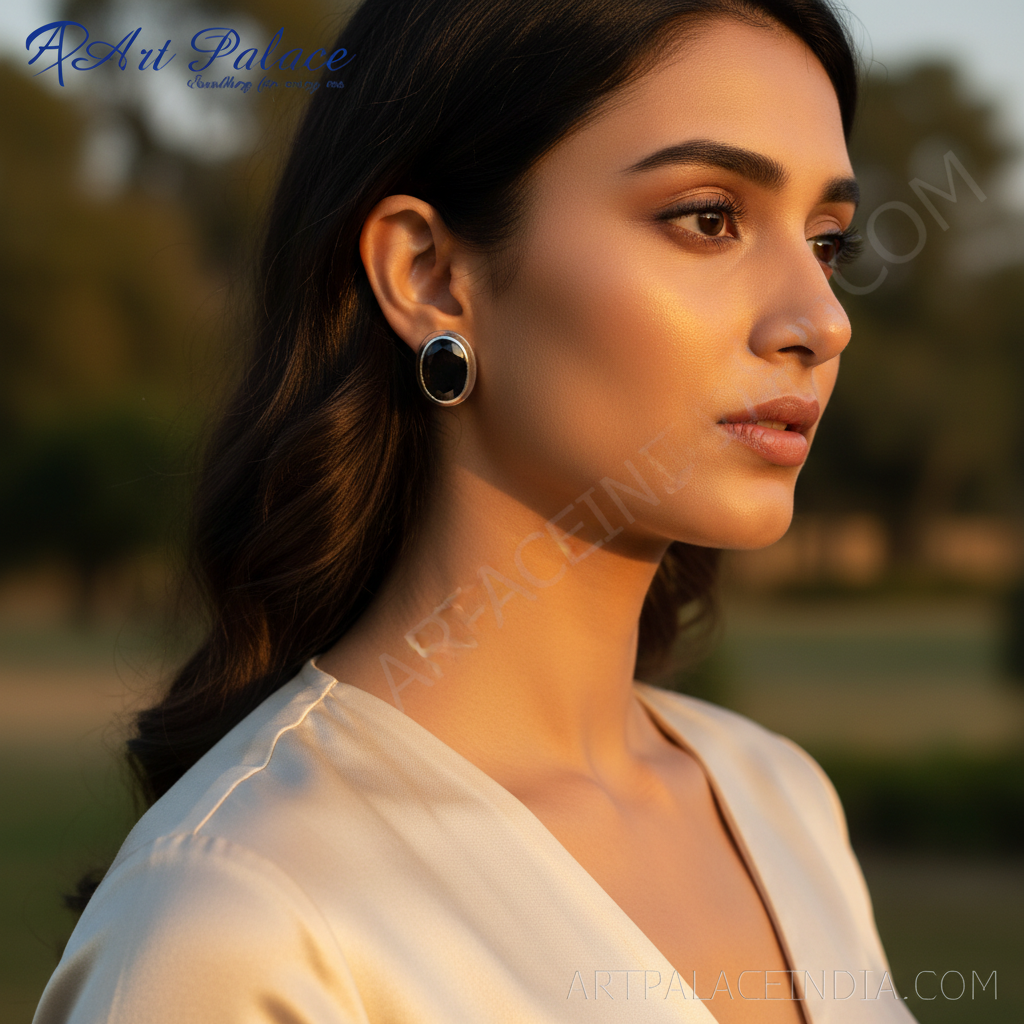 银色耳钉，镶嵌黑色宝石 | 女士珠宝