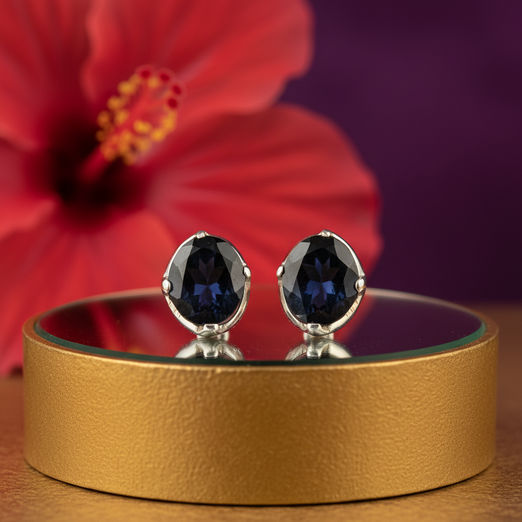 银色耳钉，镶嵌深色宝石 | 女士珠宝礼物