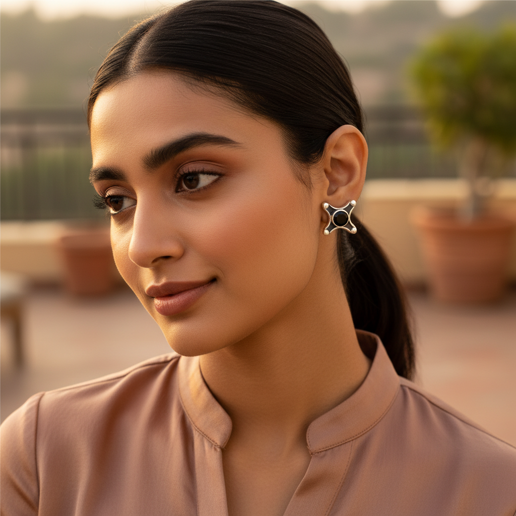 925 Silver Black Stone Stud Earrings for Women | Daily Wear