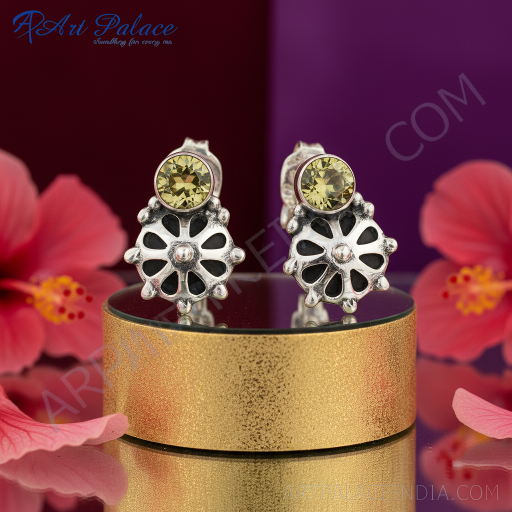 925纯银黄水晶耳钉 | 女士花卉设计