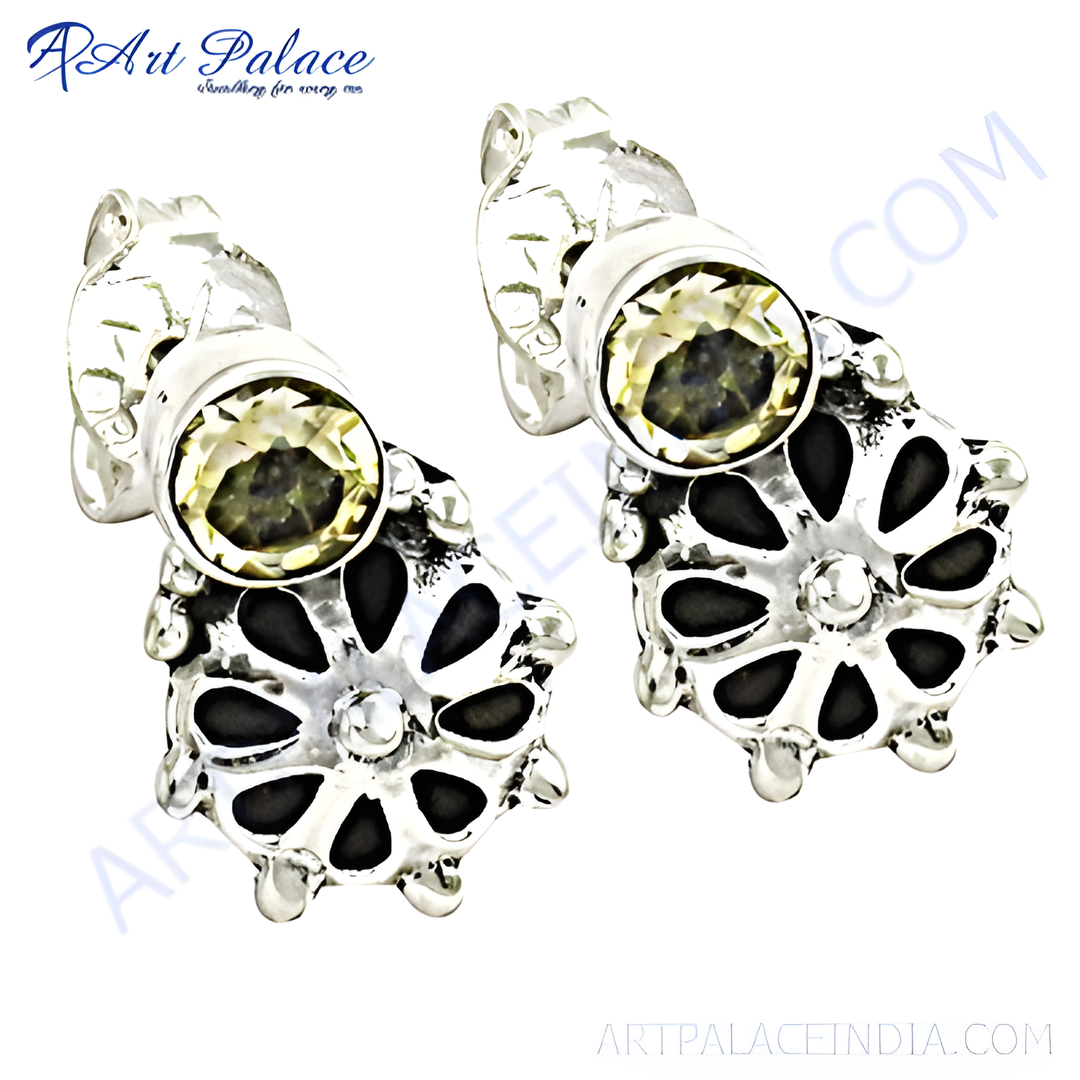 925 sterling silver citrine stud earrings featuring a unique floral design and yellow gemstone centers.