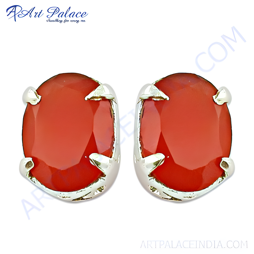 925 sterling silver stud earrings featuring oval-cut red carnelian gemstones.