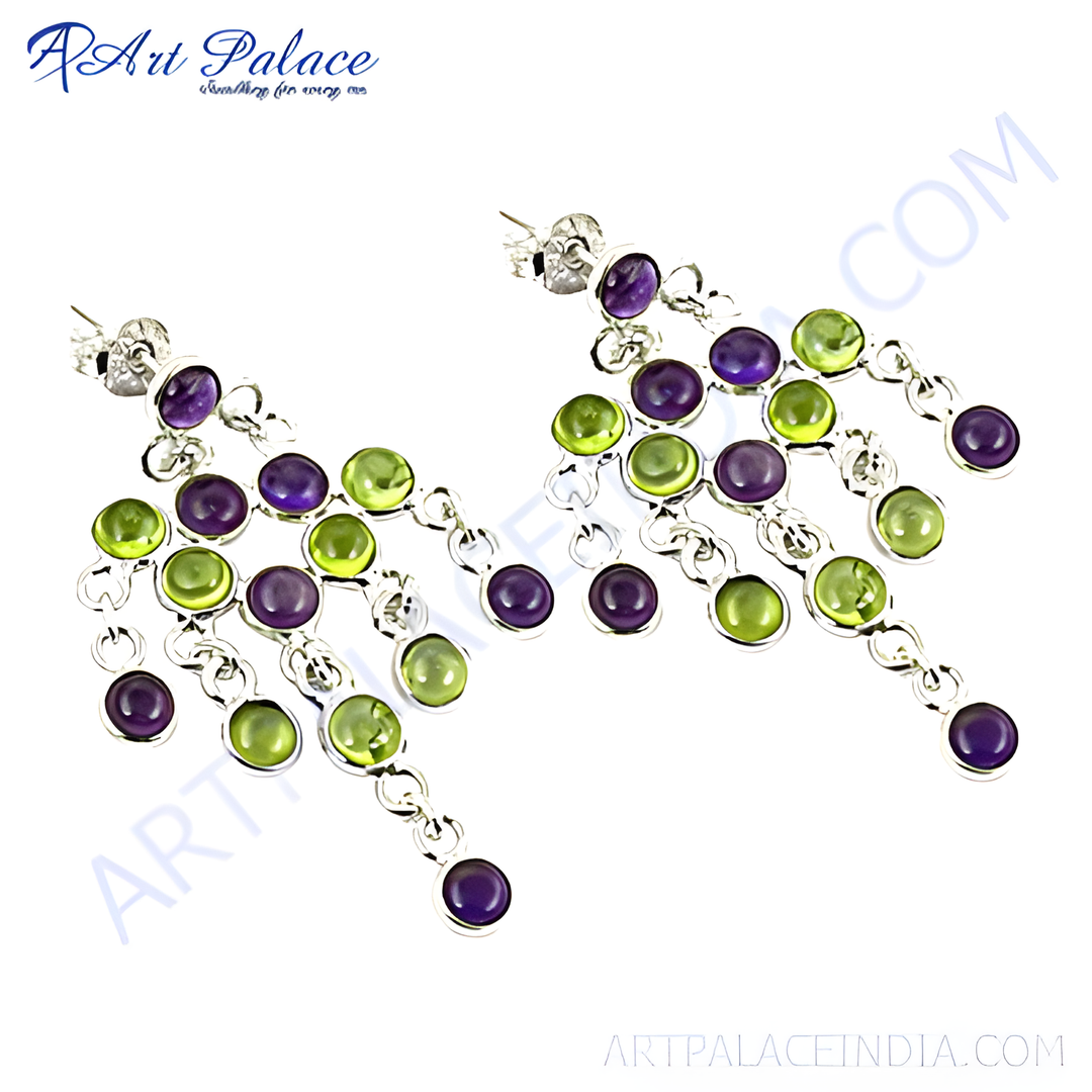 Sterling silver dangle earrings with amethyst and peridot gemstones.