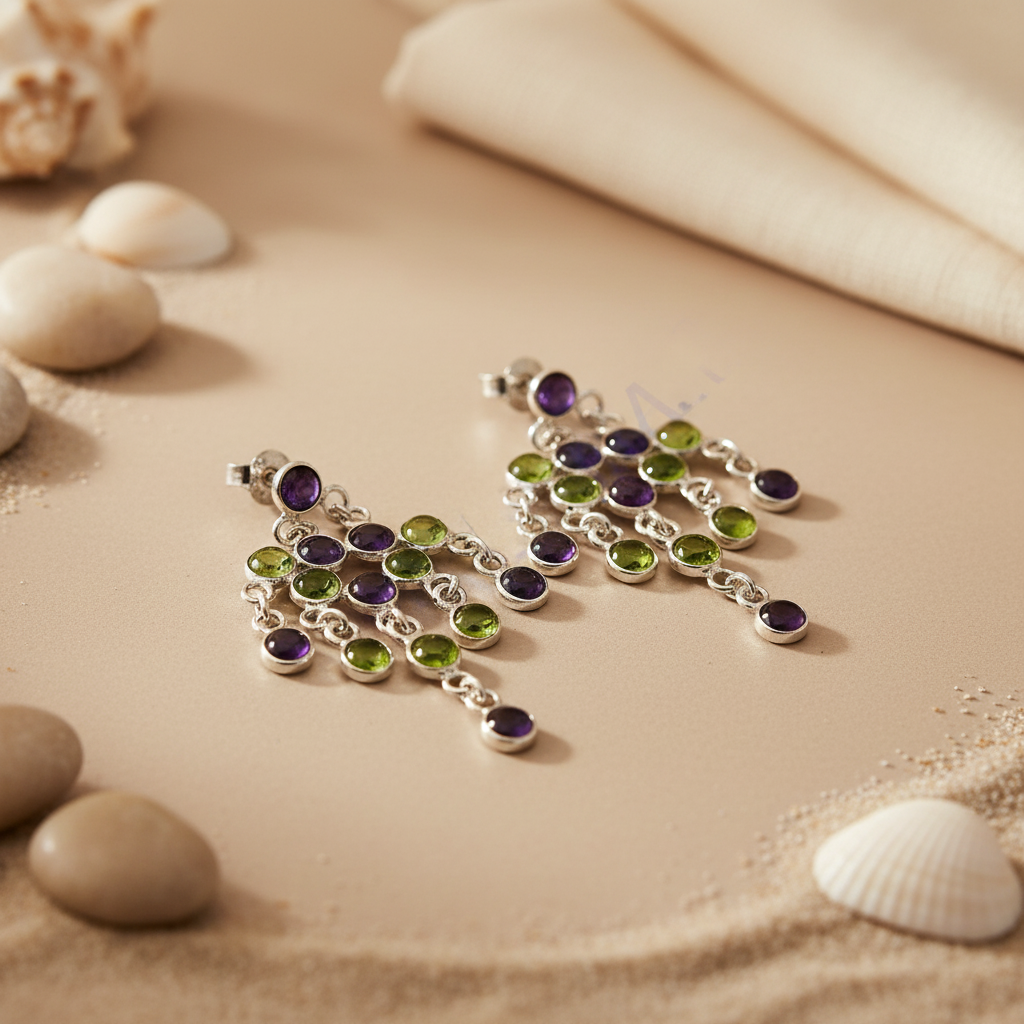 925 Silver Amethyst & Peridot Dangle Earrings for Women