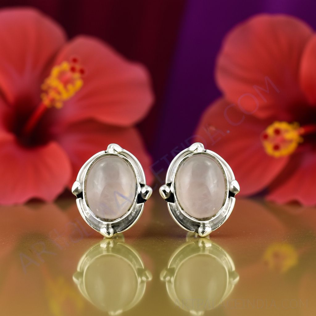 925 Silver Rose Quartz Stud Earrings for Women | Gemstone Jewelry