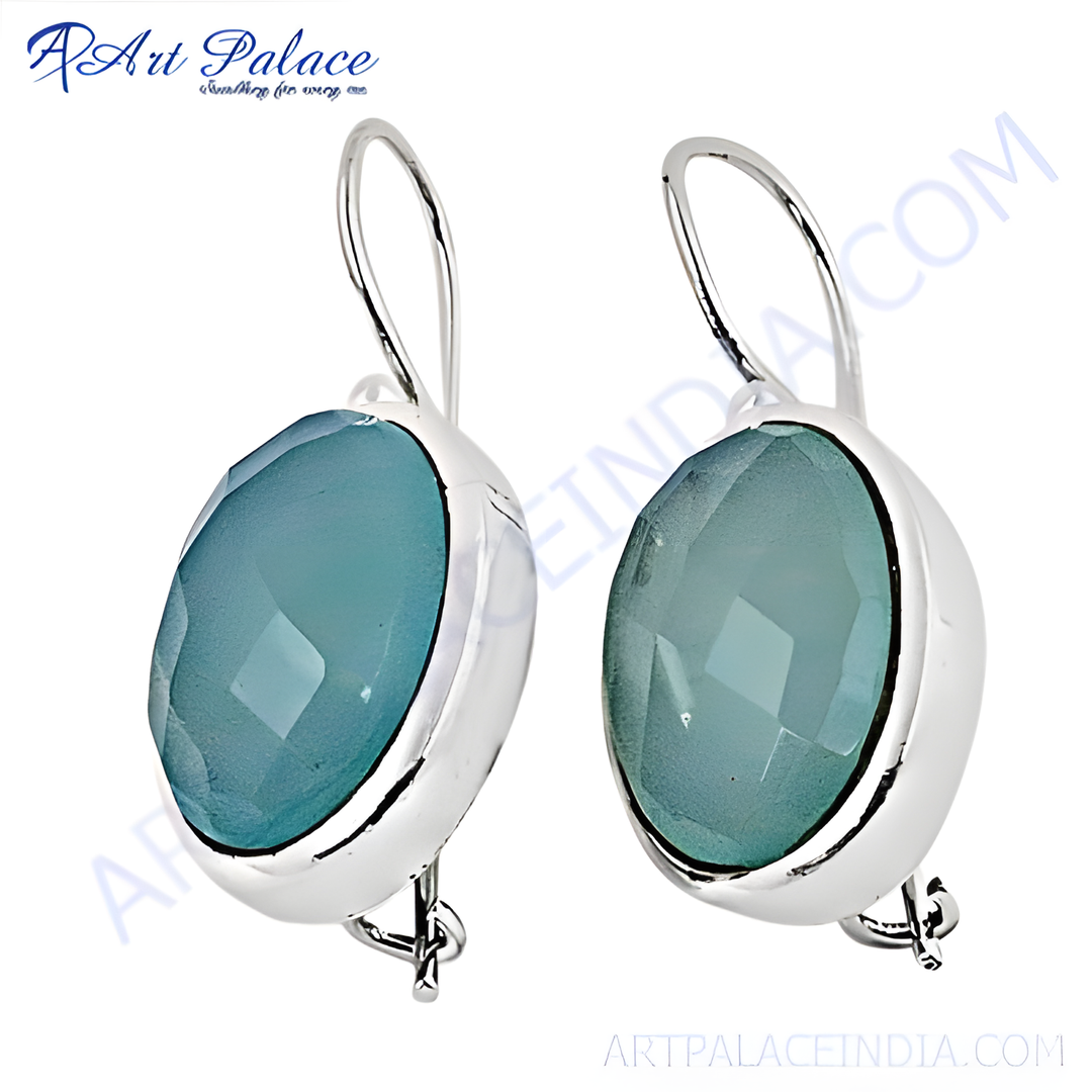 925 sterling silver dangle earrings with large, faceted blue chalcedony gemstones. A stylish piece of jewelry.