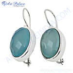 Load image into Gallery viewer, 925 sterling silver dangle earrings with large, faceted blue chalcedony gemstones. A stylish piece of jewelry.
