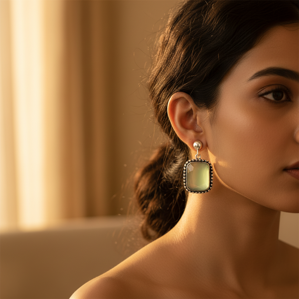 Pendientes colgantes de calcedonia verde en plata 925 para mujer | Regalo