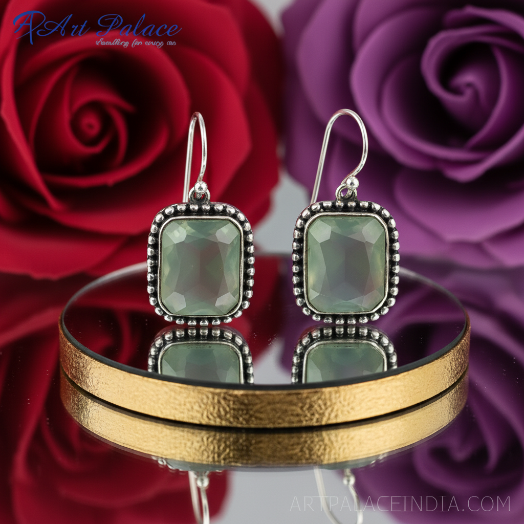 Pendientes colgantes de calcedonia verde en plata 925 para mujer | Regalo