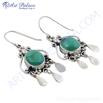 Load image into Gallery viewer, 925 sterling silver dangle earrings with oval green gemstone and teardrop accents.
